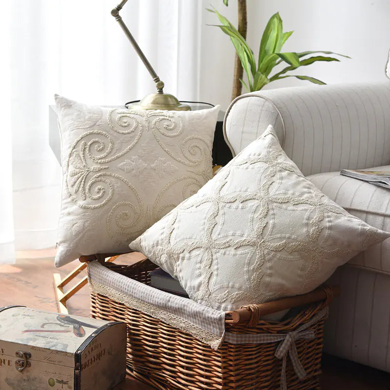 Embroidered Cotton and Linen Woven Couch Pillow